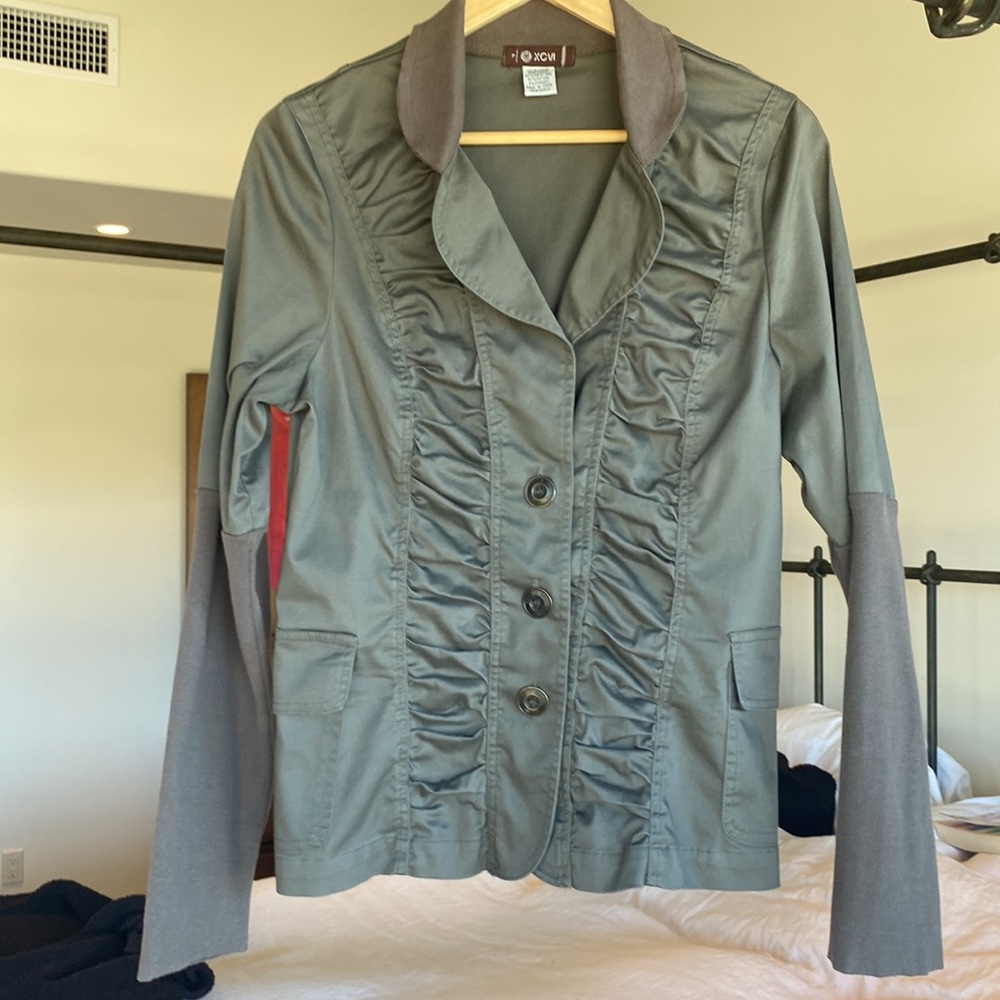 XCVI Jacket Olive Grey Ruched Front Button Up Size Large